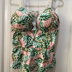 Unique Vintage Tropical Monstera Leaf Tankini Top- Green & Pink